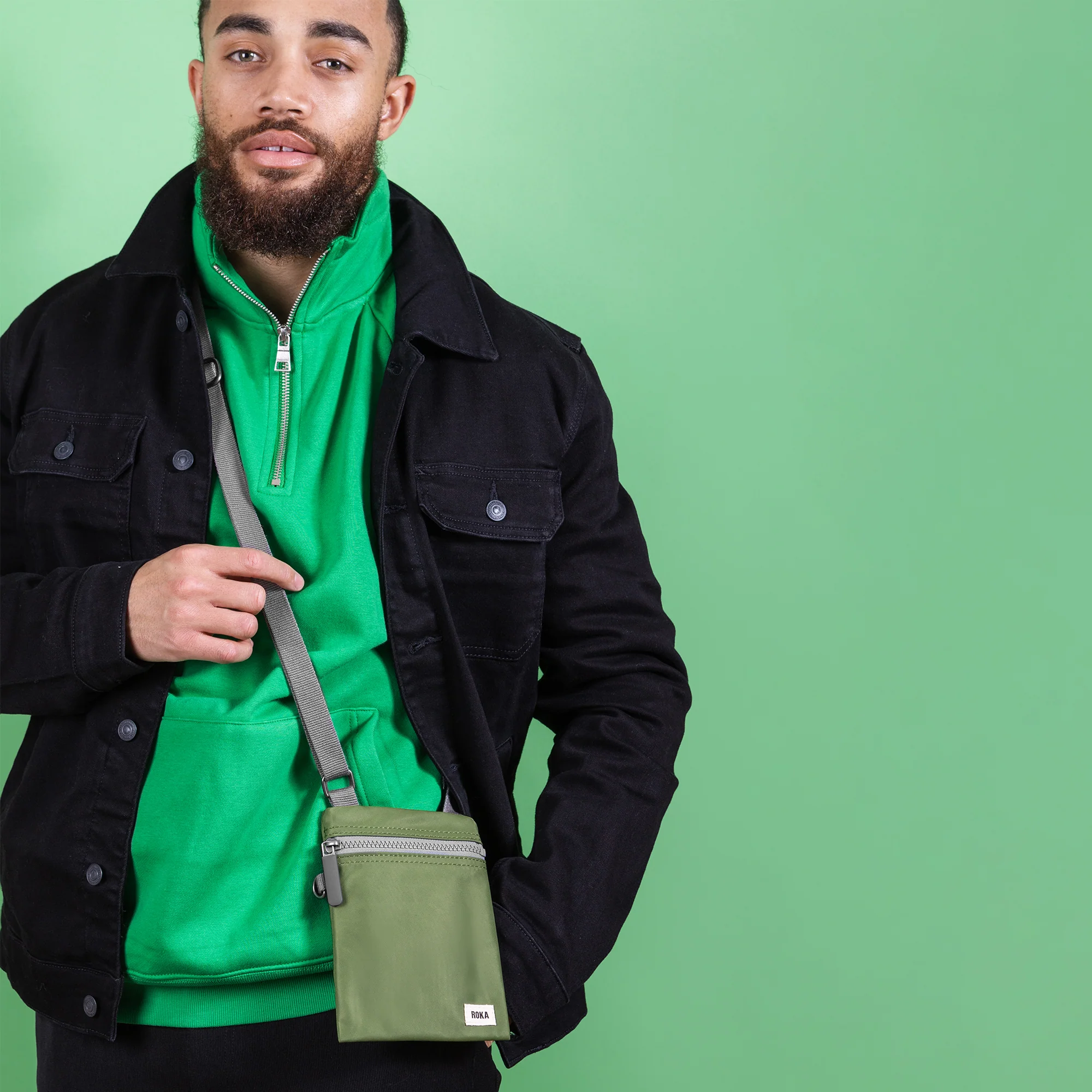 Roka London Chelsea Crossbody Phone Bag, Avocado (Recycled Nylon) - Image 10