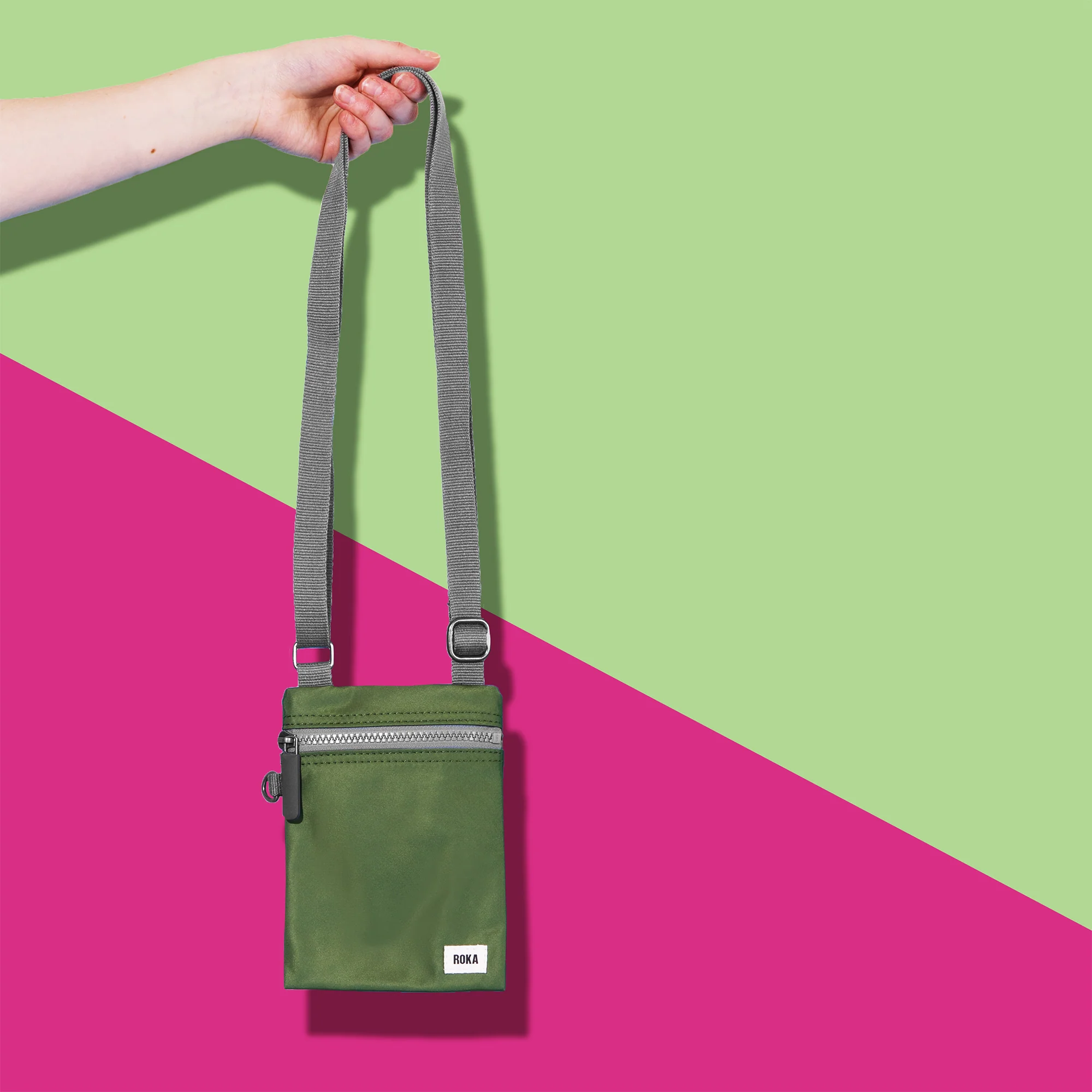 Roka London Chelsea Crossbody Phone Bag, Avocado (Recycled Nylon) - Image 9