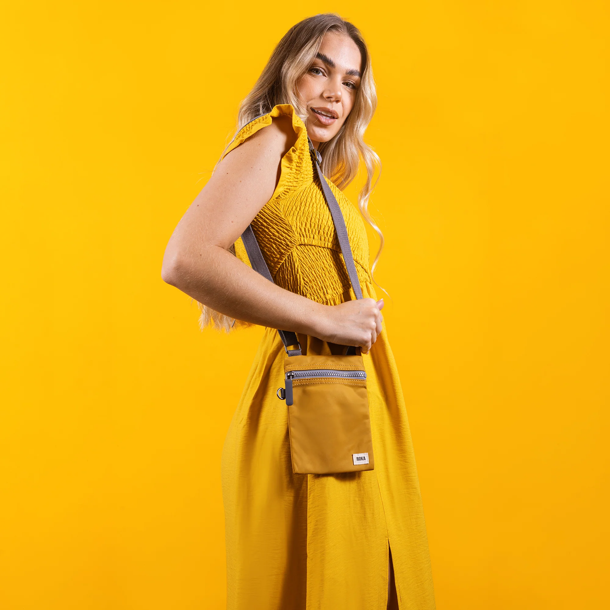 Roka London Chelsea Crossbody Phone Bag, Corn (Recycled Nylon) - Image 9